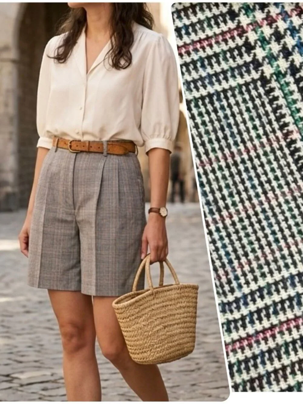 VTG 80s Sz L Houndstooth Multicolored Pleated Preppy High Waisted Twill Shorts